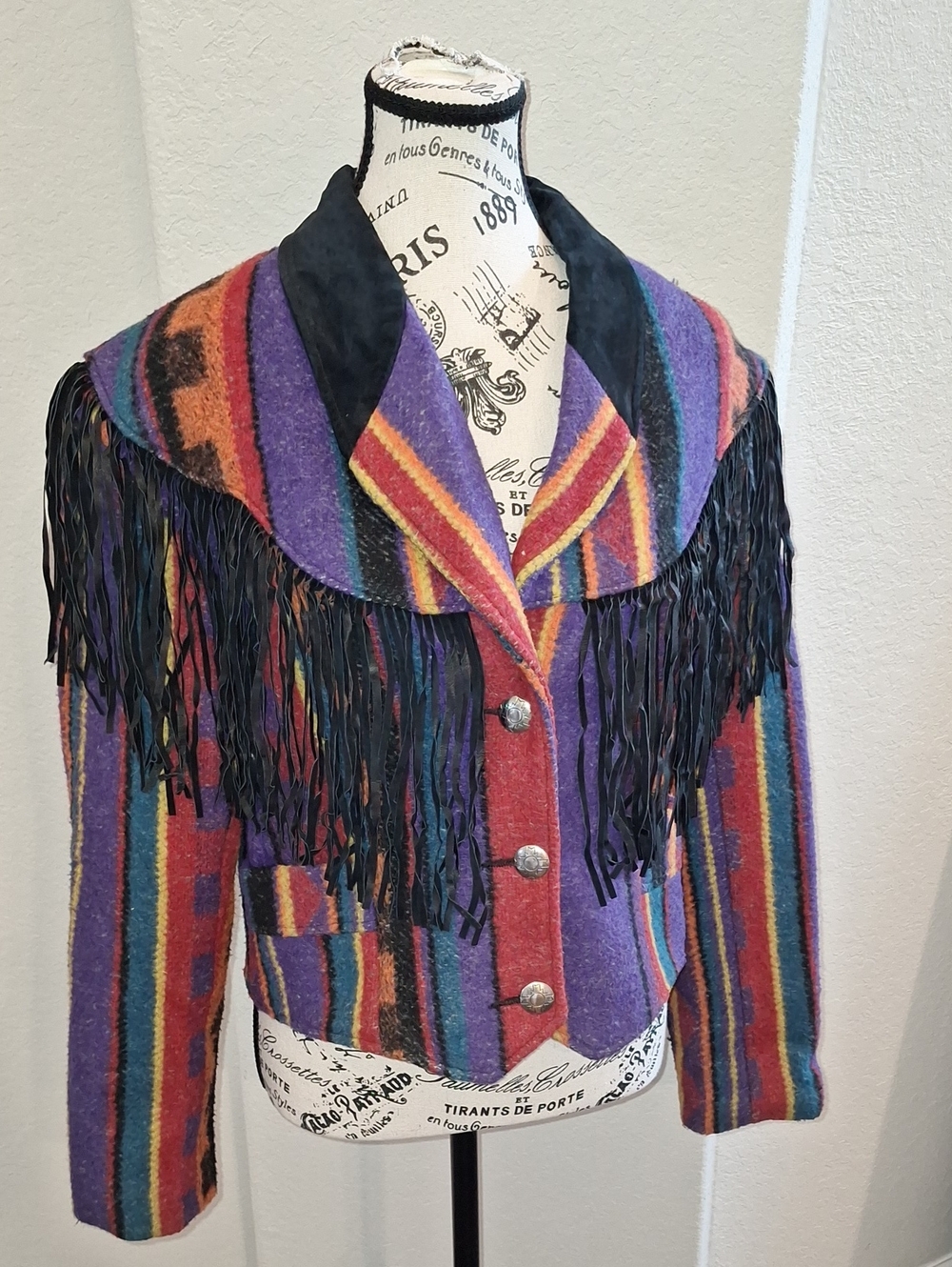 Vintage Pioneer Wear Wool Blend Rainbow Leather Fringe Jacket Western Cropped 12
